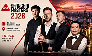 Промо-баннер финала Shanghai Masters 2026 с изображением Кайрена Уилсона (Kyren Wilson) и Джадда Трампа (Judd Trump) на фоне логотипа турнира и даты матча 2 августа.